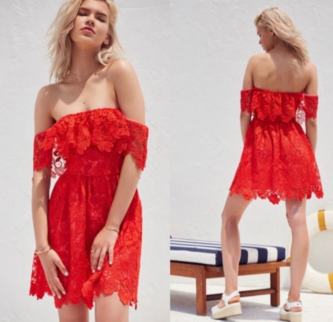 Lovers + Friends Dream Vacay Off Shoulder Lace Special Occasion Dress Red Xs